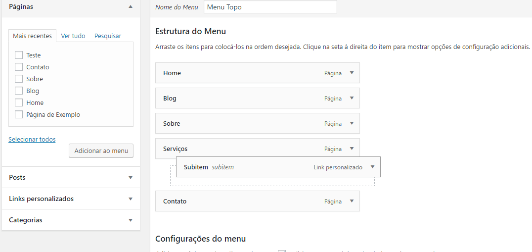 como criar um site wordpress - menus