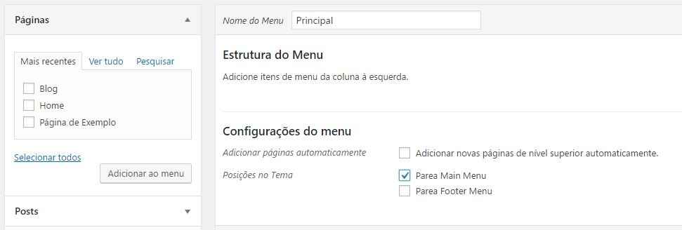 Instalacao do tema Parea WordPress - adicionar menus