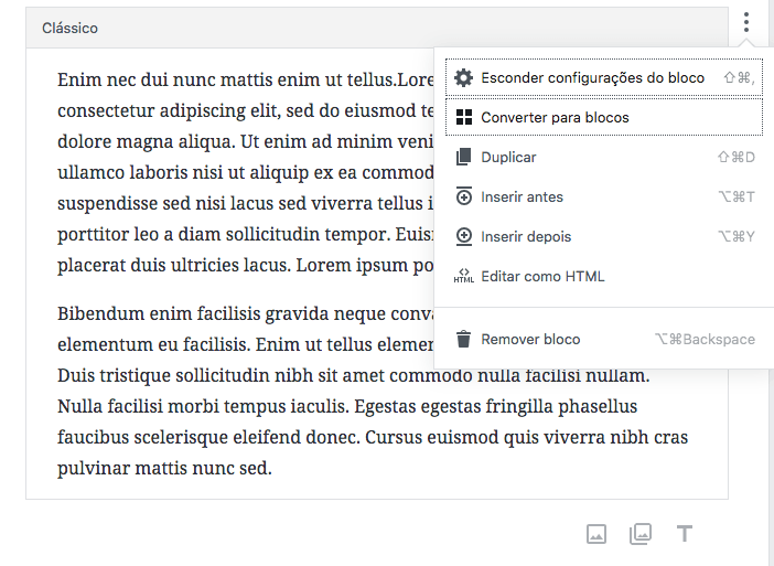 Gutenberg - Guia Básico do Novo Editor do WordPress - bloco clássico