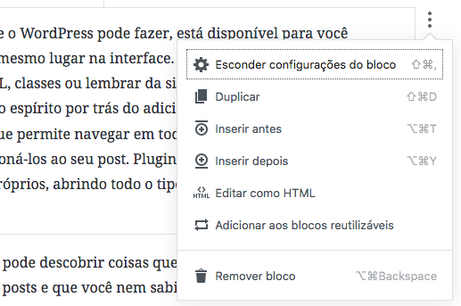 Gutenberg - Guia Básico do Novo Editor do WordPress - menu de ações