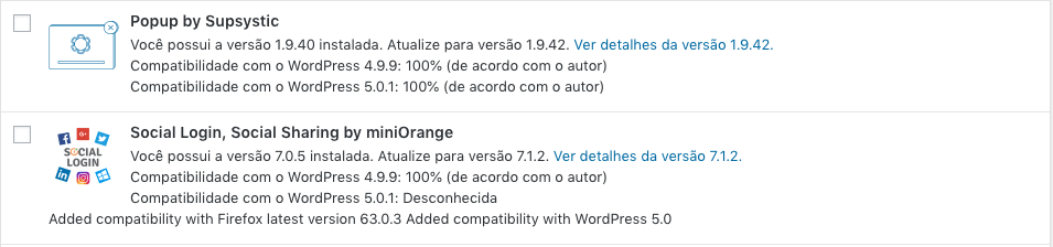 Atualizando o WordPress 5.0 - lista de plugins