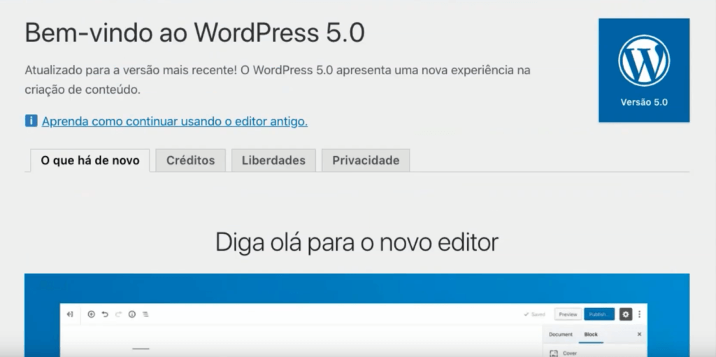 Atualizando o WordPress 5.0 - tela de boas vindas