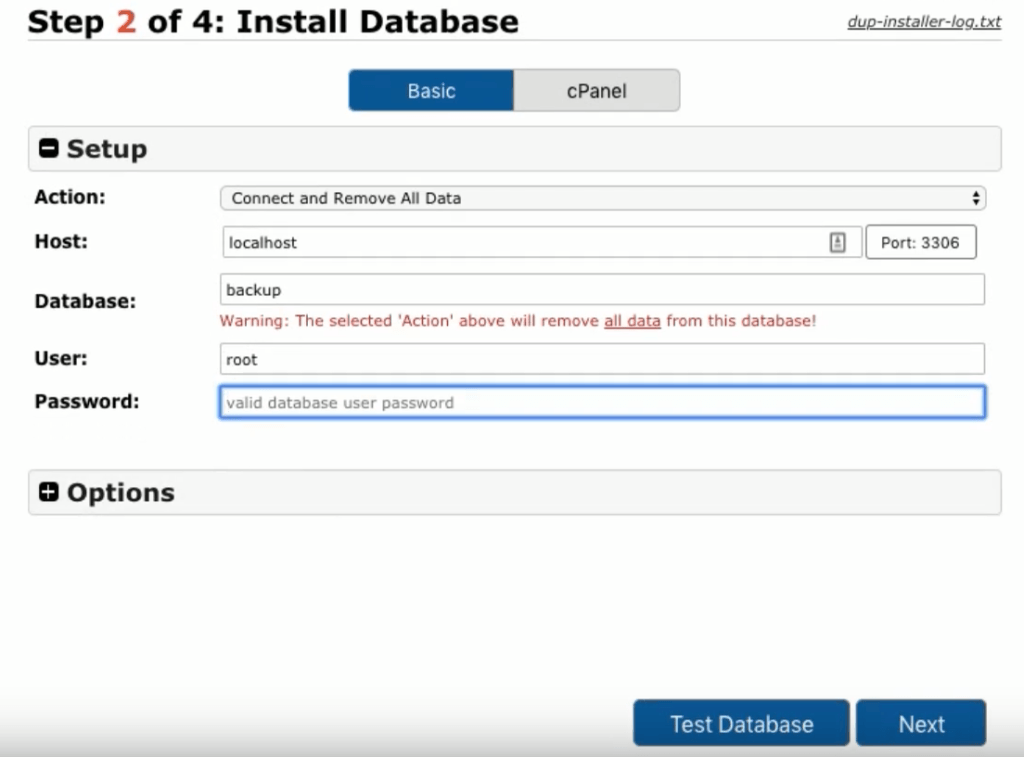 Testando WordPress com Duplicator - restauração do backup 2